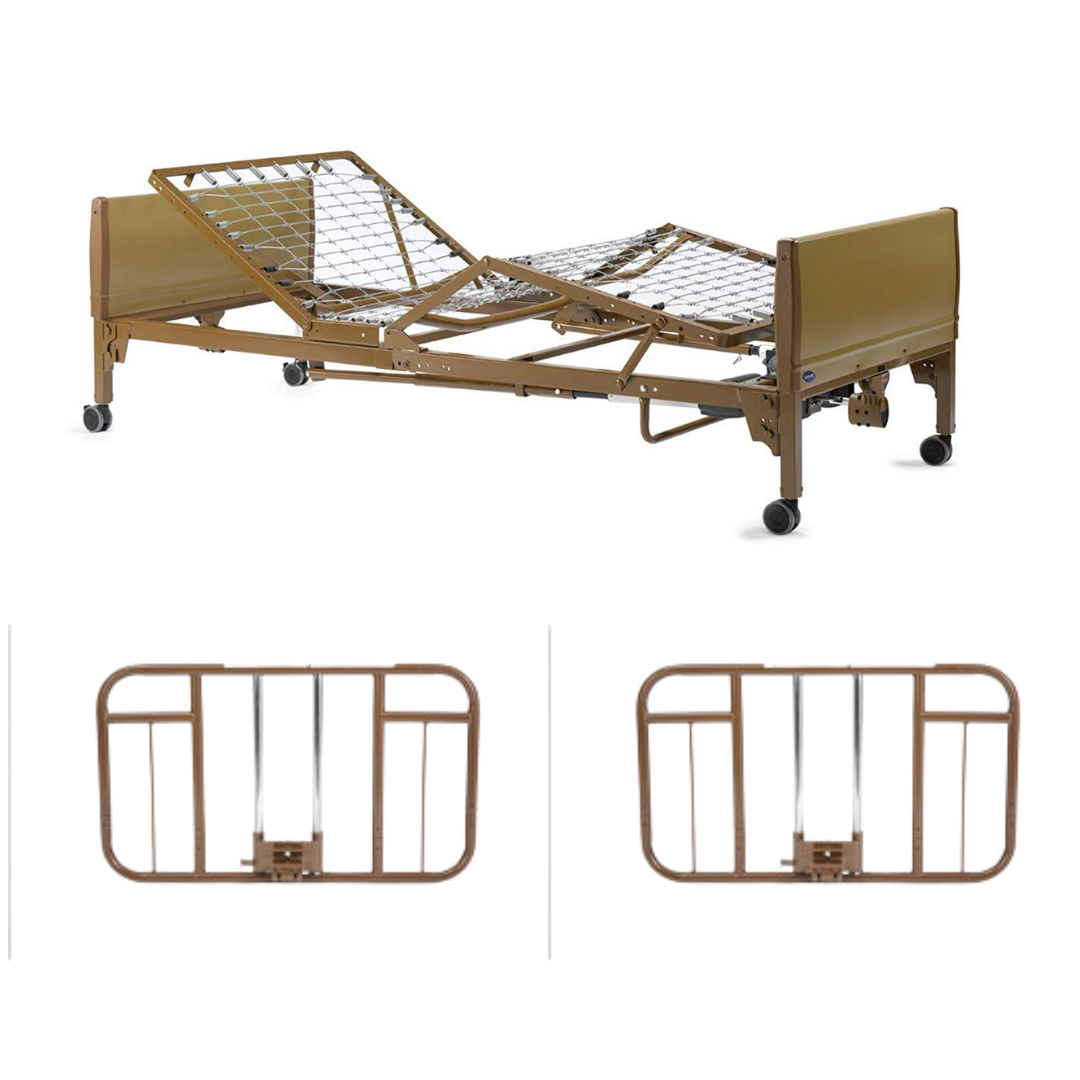 The Invacare Full-Electric Homecare & Hospital Bed features a brown metal frame with head and foot boards on wheels, plus two separate brown metal side rails. This adjustable bed is perfect for home hospital use.